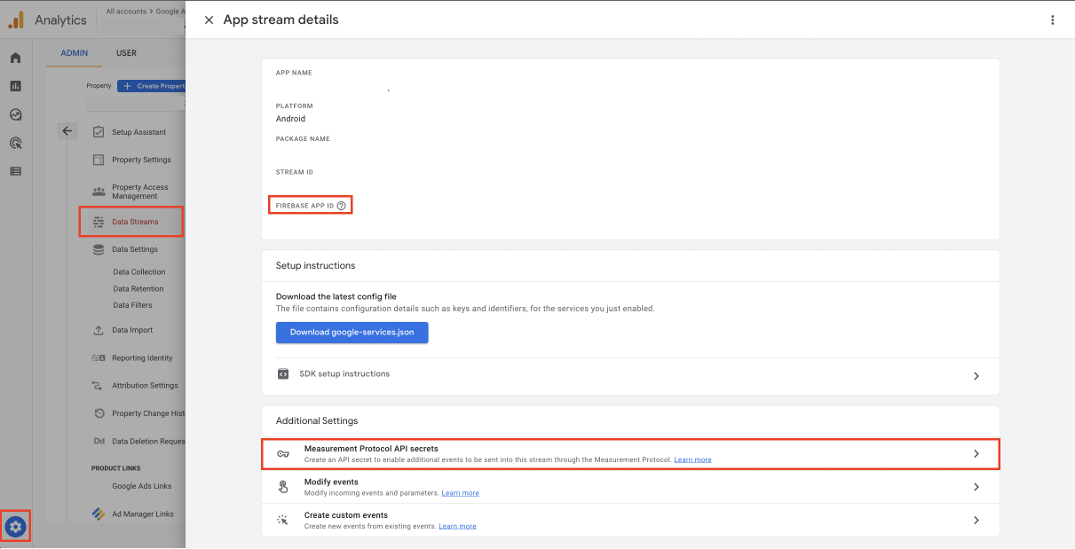 Firebase Google Analytics: app data stream details page